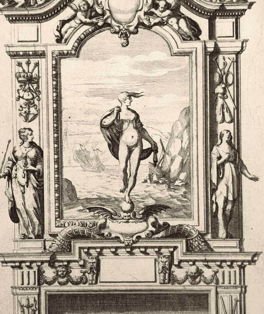 Etching Original Antique 17th century Architecture, Fireplace, Sculptures x4 image 5