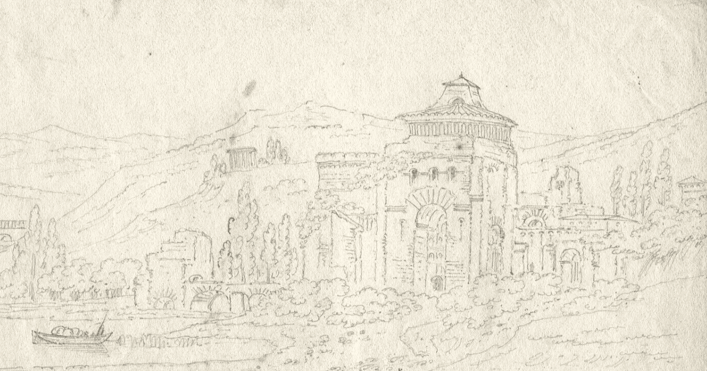 Antique Pencil Drawing Landscape 19th century Building and Boat