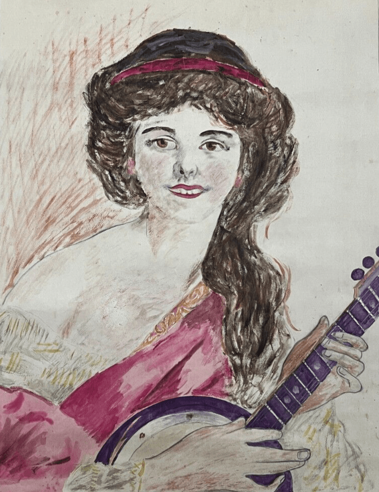 Antique Original Drawing Woman, Portrait, Music, Mandolin, Guitar image 2