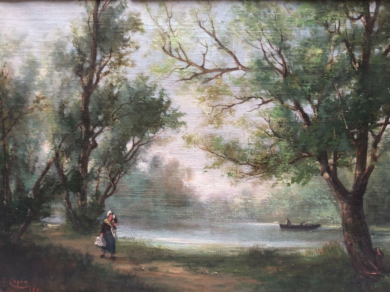 Antique Original Painting signed Jules CAYLA Landscape Barbizon, People image 1