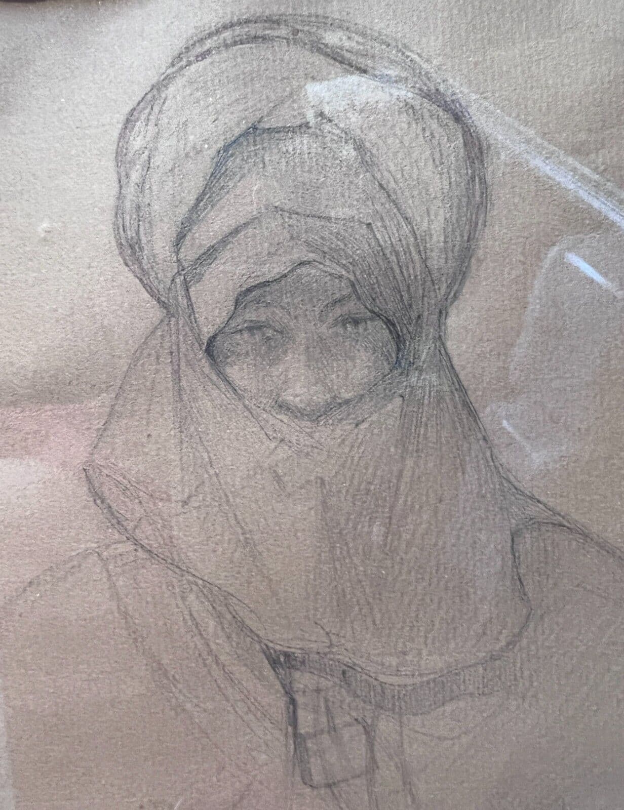Drawing Orientalist Man Portrait with Turban, Madagascar signed image 1