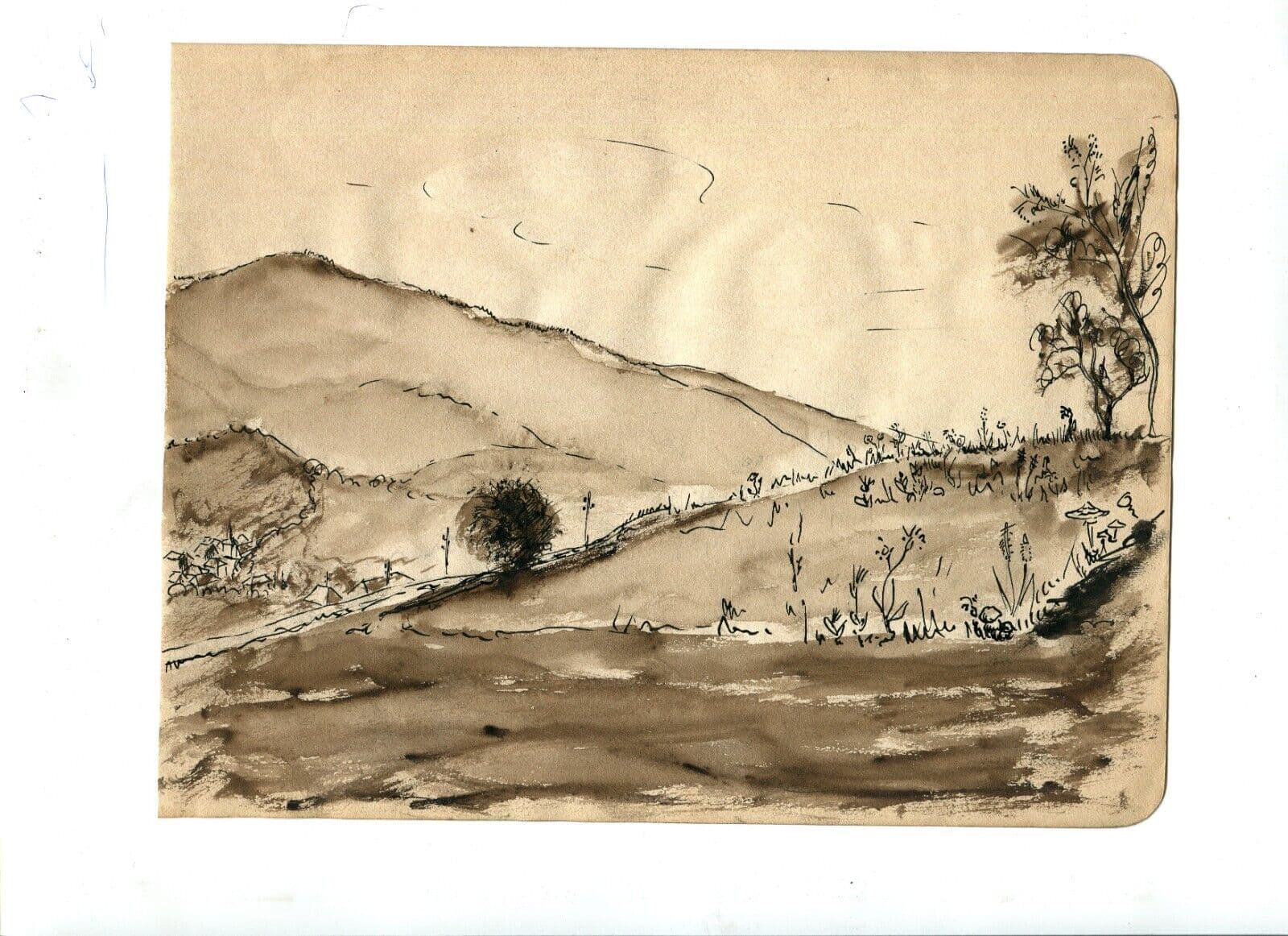 Vintage Ink Original Drawing Mountain landscape with Trees image 2