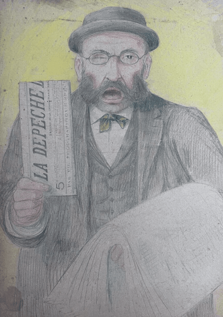 Antique Original Painting Signed Man Portrait, Newspaper, La Depeche