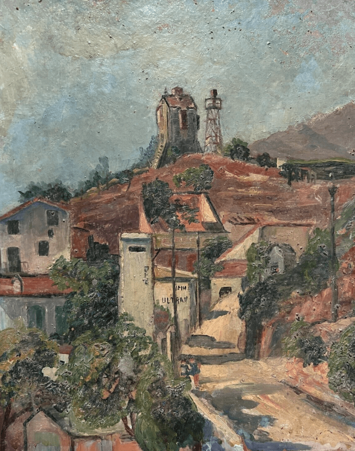 Antique Oil Painting Original Landscape, Cityview, Houses, Trees signed image 1