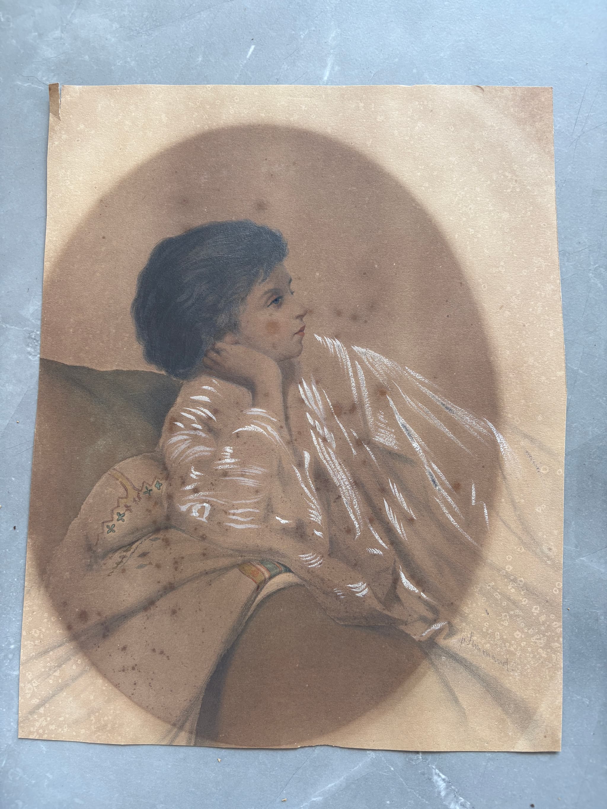 Antique Drawing signed Original Young Boy Portrait Posing image 1