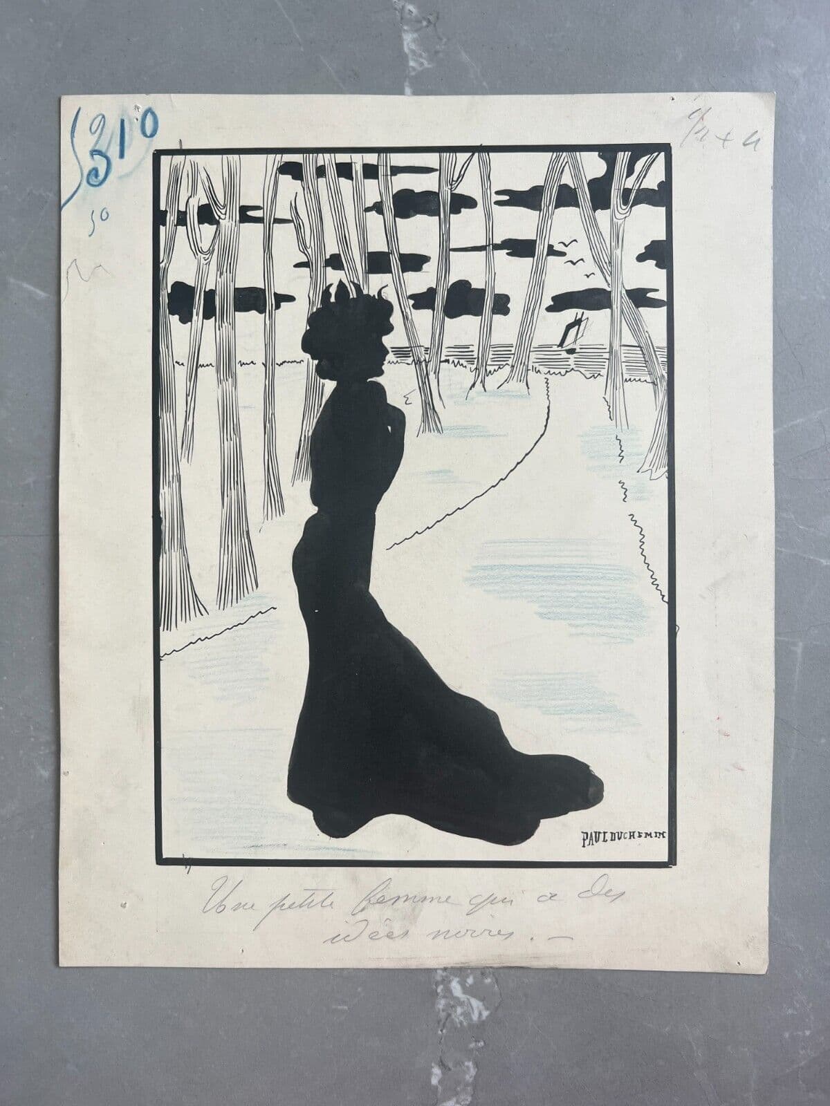 Antique Original Drawing Woman, Portait, Landscape, Tree, Sea signed image 5