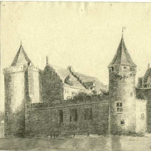 Antique Pencil Drawing Landscape, Castle, Architecture Original 19th image 2