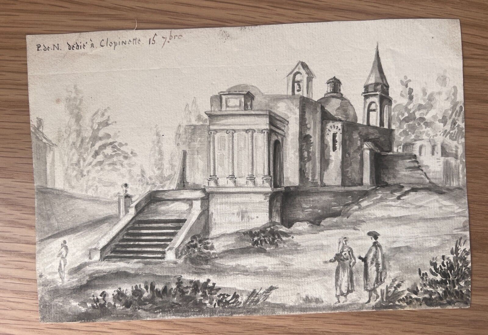 Antique Original Drawing Landscape, People, Building 19th century image 6