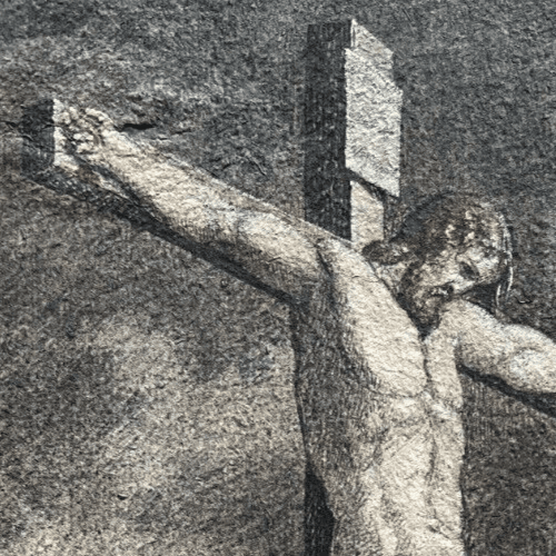 Antique Old Drawing 19th century Original Religious Christ on Cross and People image 2