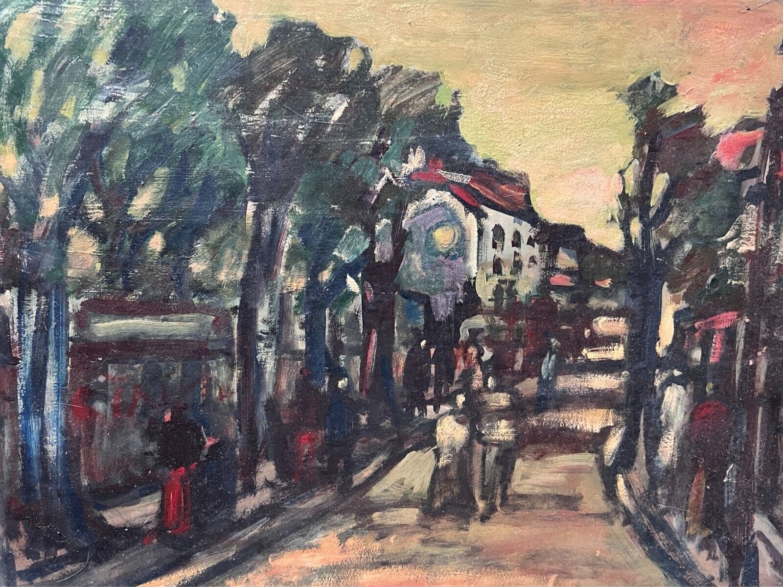 Antique Painting Original Landscape, Cityview, People signed image 1