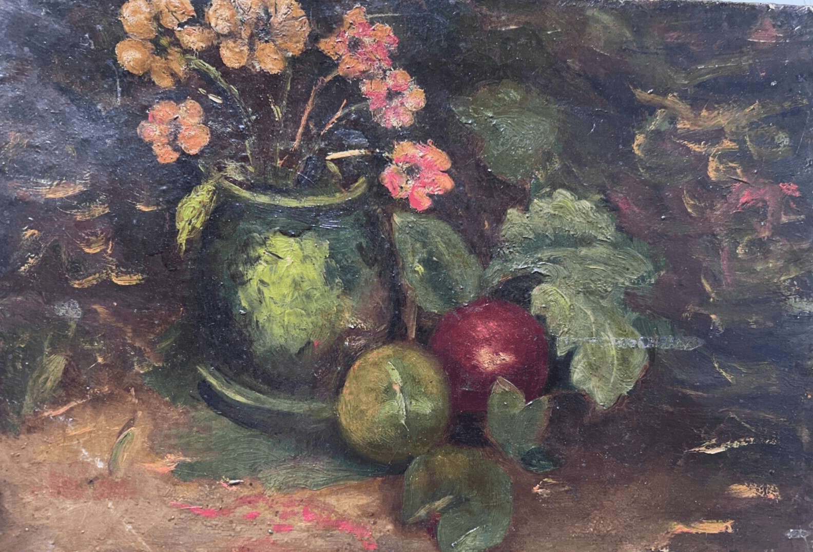 Vintage Antique Oil Painting Still Life Bouquet, Flowers in a Vase, Apples image 1