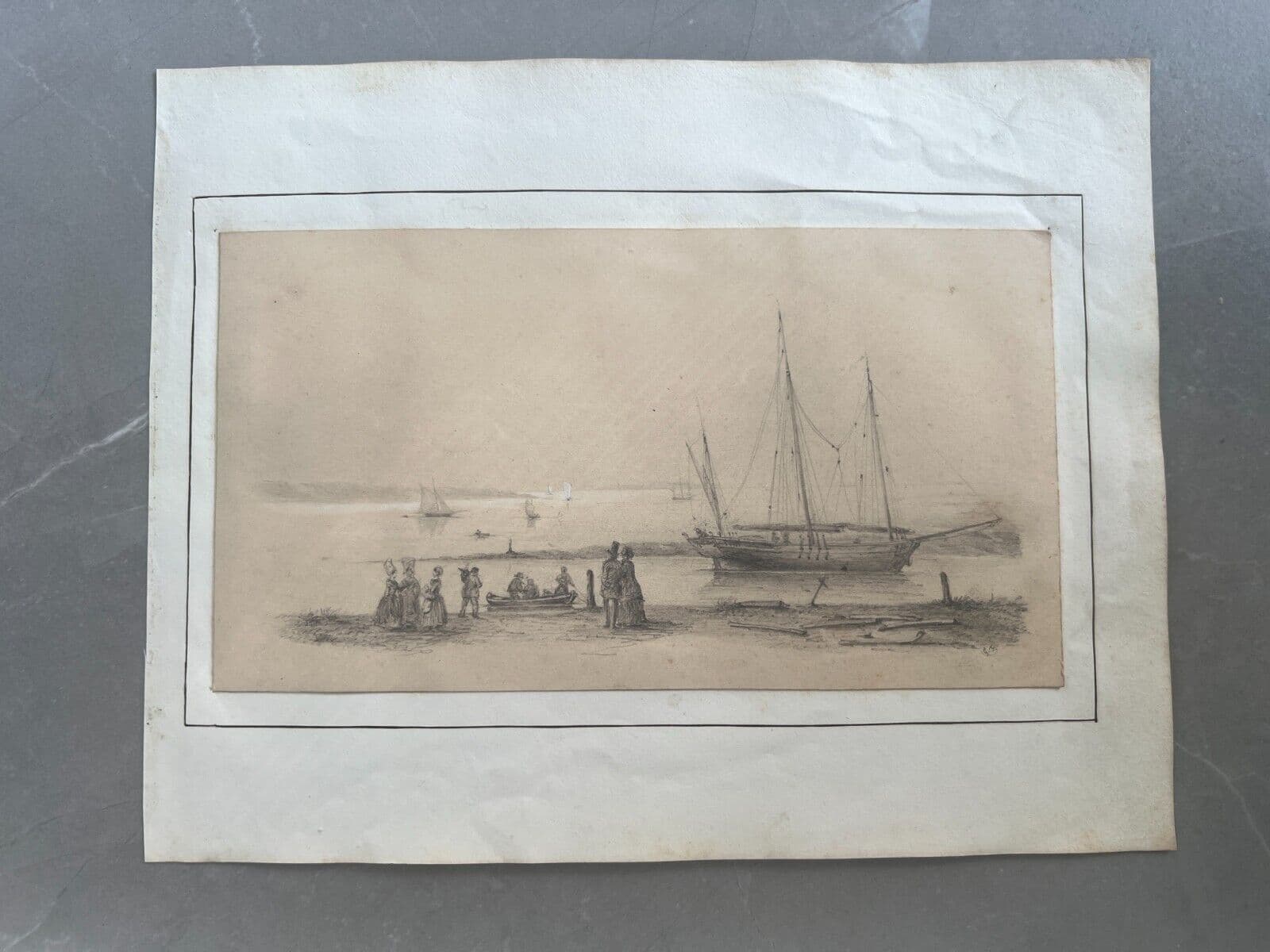 Antique Pencil Drawing 19th century Seaview Landscape with Boat and Figures image 3