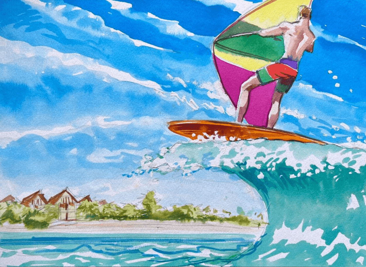 Vintage Ink Original Drawing Man Surfing, Sea, Holidays, Vacation