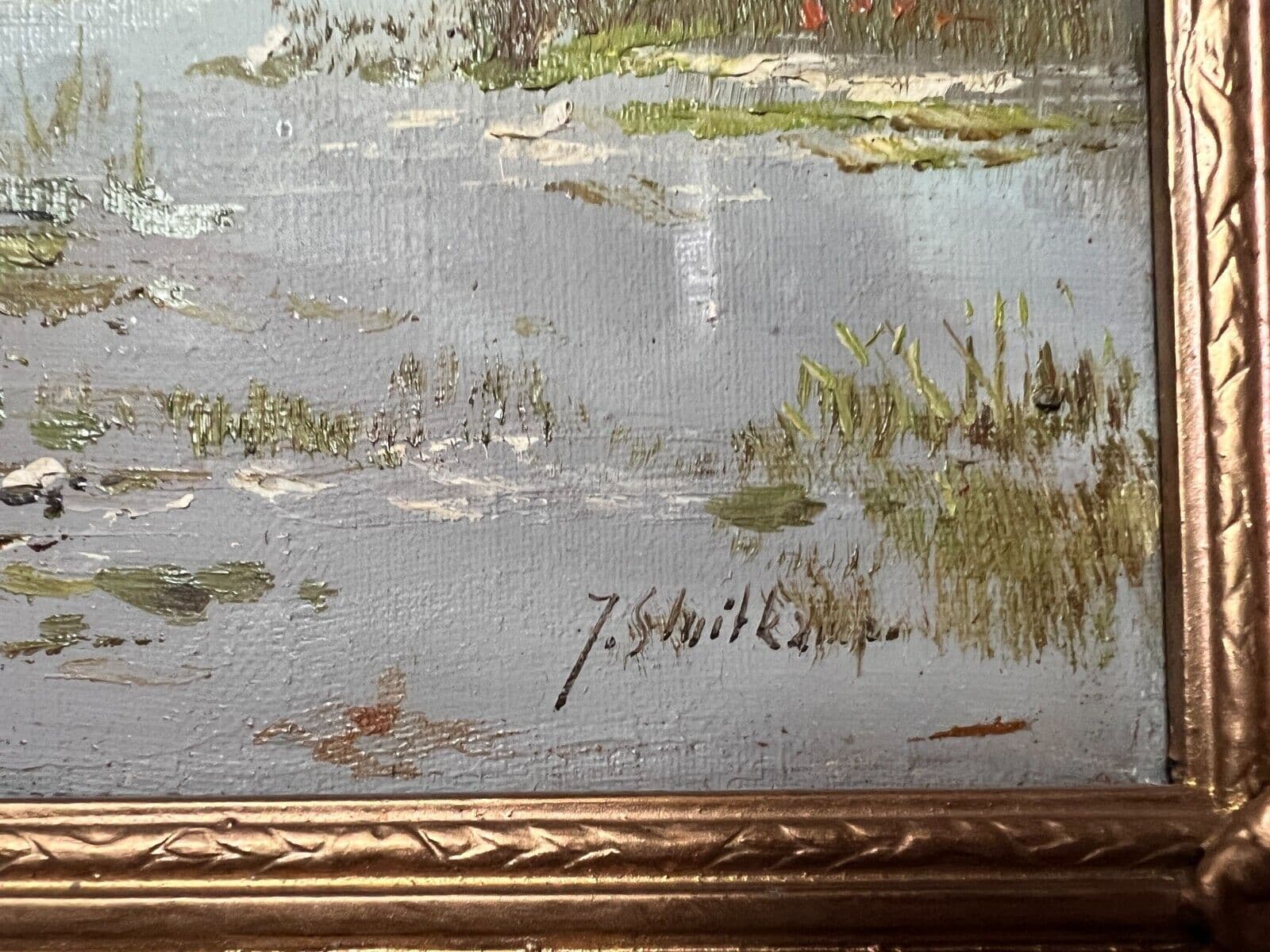 Antique Oil Painting signed Lake River Landscape Man on Boat image 6