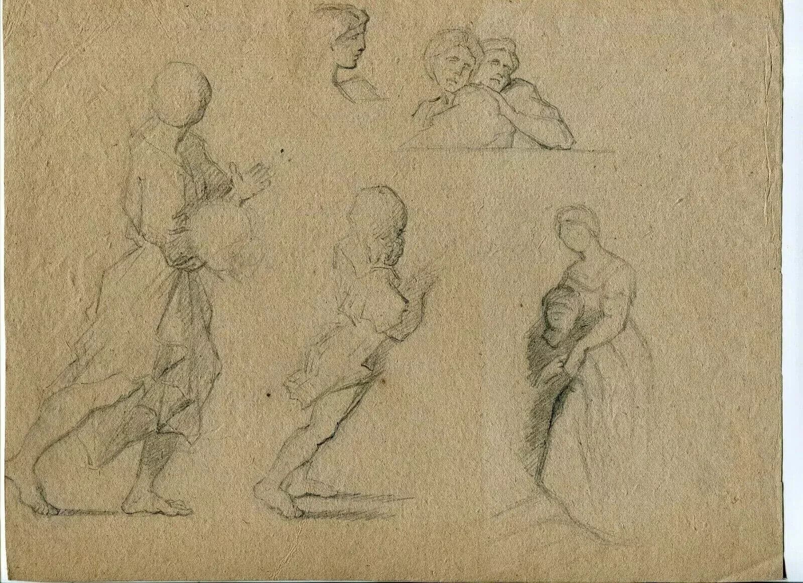 Antique Ink Drawing 19th Original Portraits Genre Scene,People Sketch Artwork image 7