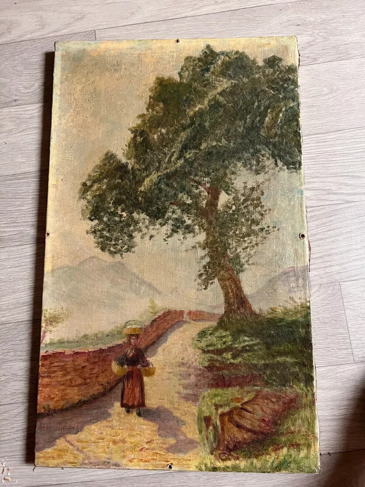 Antique Painting Landscape Original signed Woman, Work, Path image 2