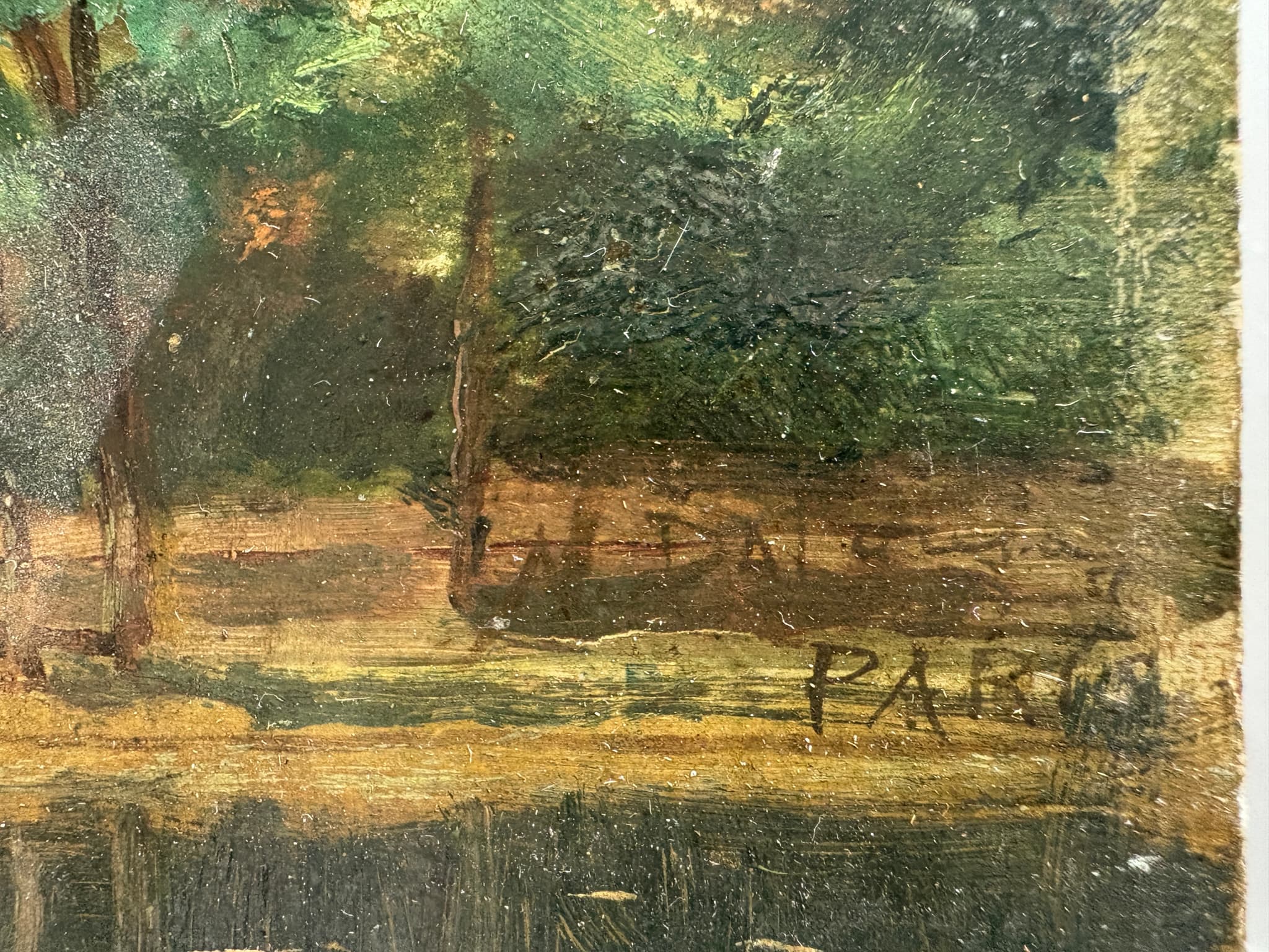 Antique Painting Original Landscape, People,Lake, Trees, Forest signed 19th image 2