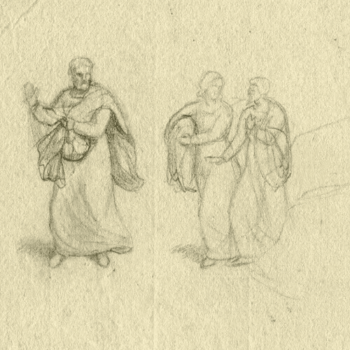 Vintage Pencil Drawing Original Allegorical Antiquite People, Men image 1