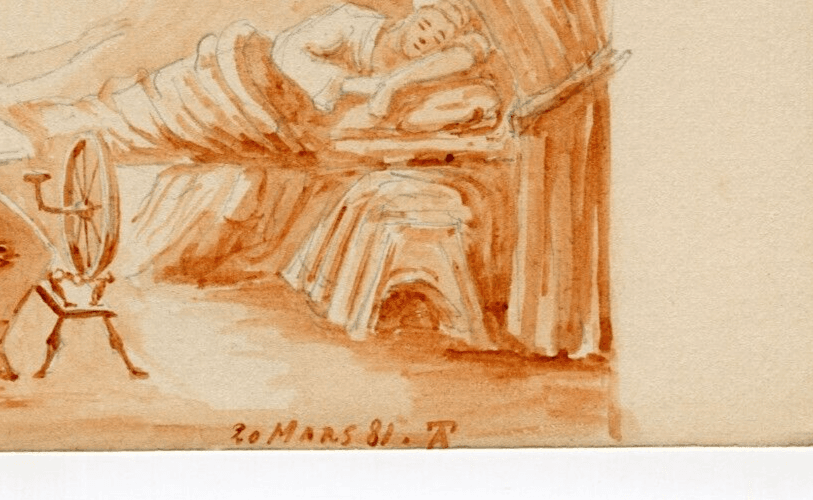 Antique Drawing Original People Man in Bed and Spinner image 5