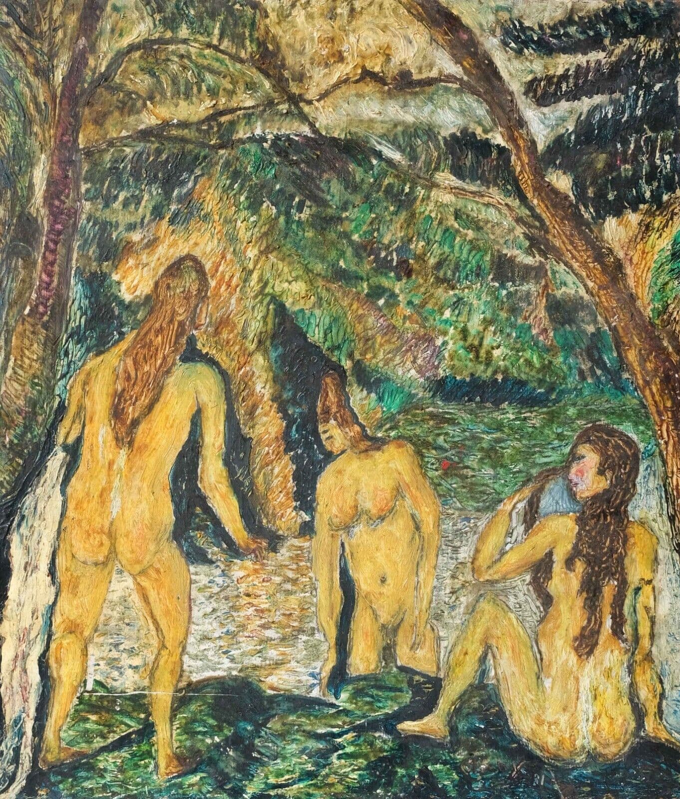 Expressionist Painting Original Yellow Nude Women Portrait by Water