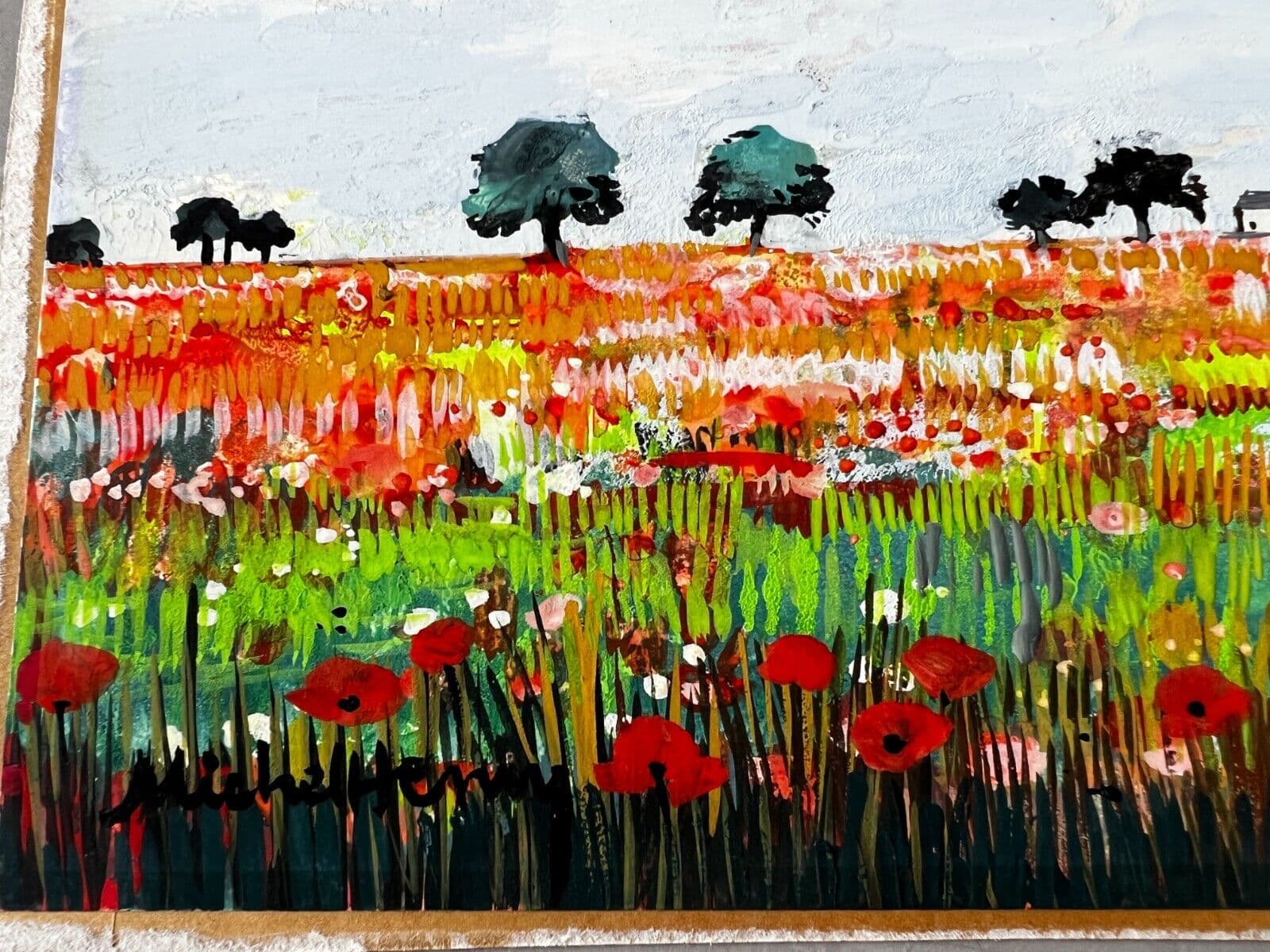 Original Vintage Drawing MICHEL-HENRY (1928-2016) Flowers Landscape with Trees image 4