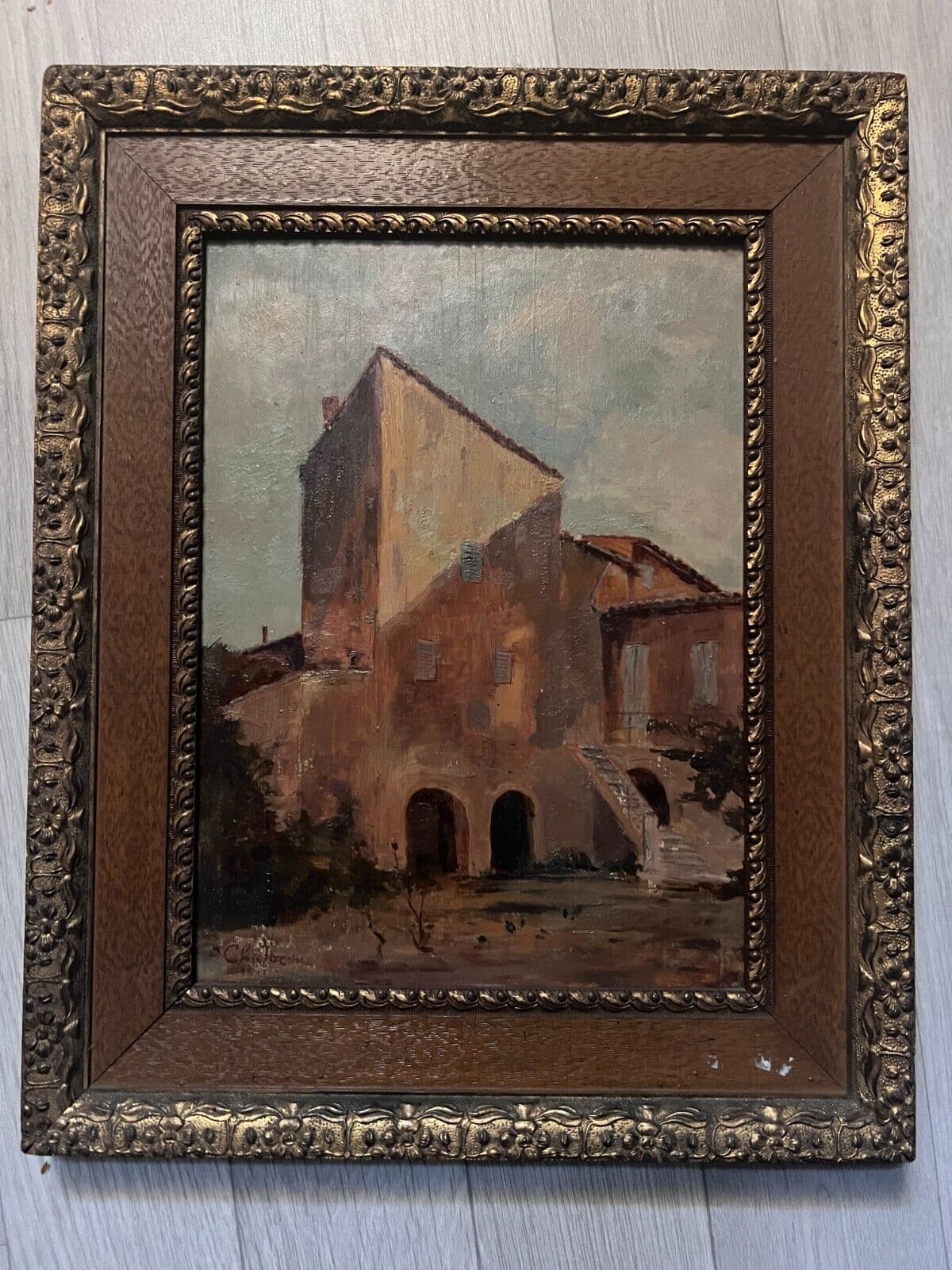 Antique Oil Painting Original Landscape, House, Architecture, Cityview signed image 2