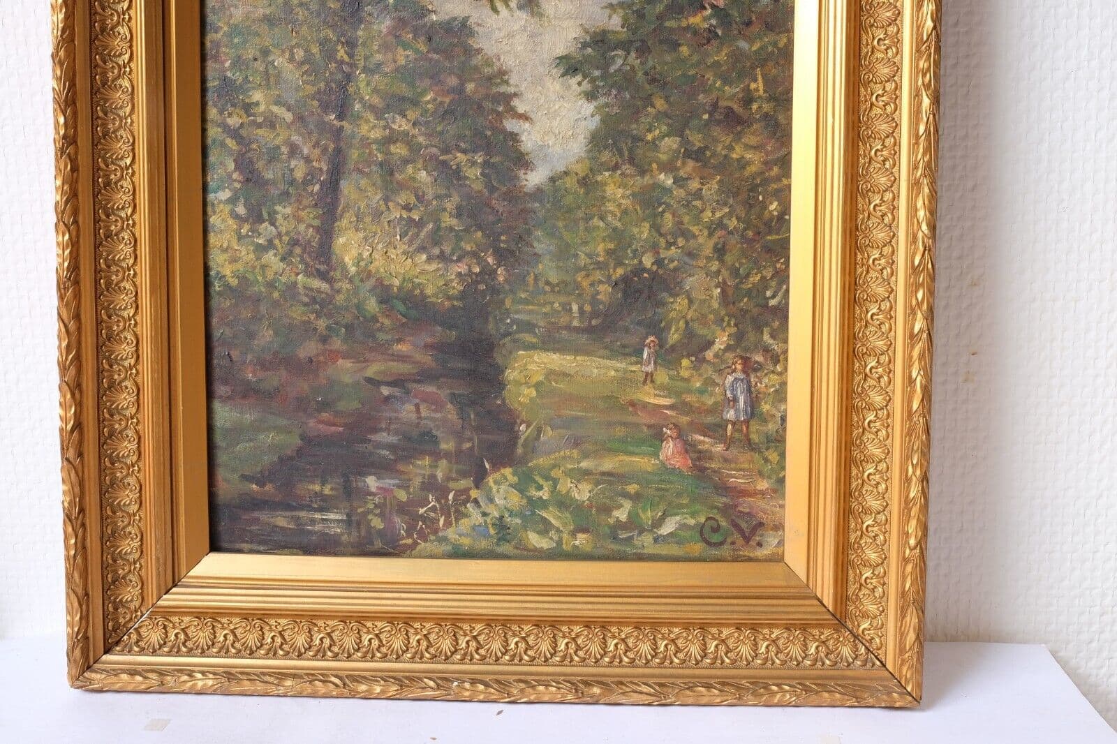 Antique Painting Original Landscape Forest and Children Playing signed image 3