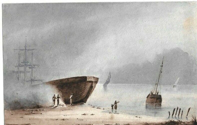 Antique Drawing Original 19th century Gouache Landscape by the Sea Artwork image 1