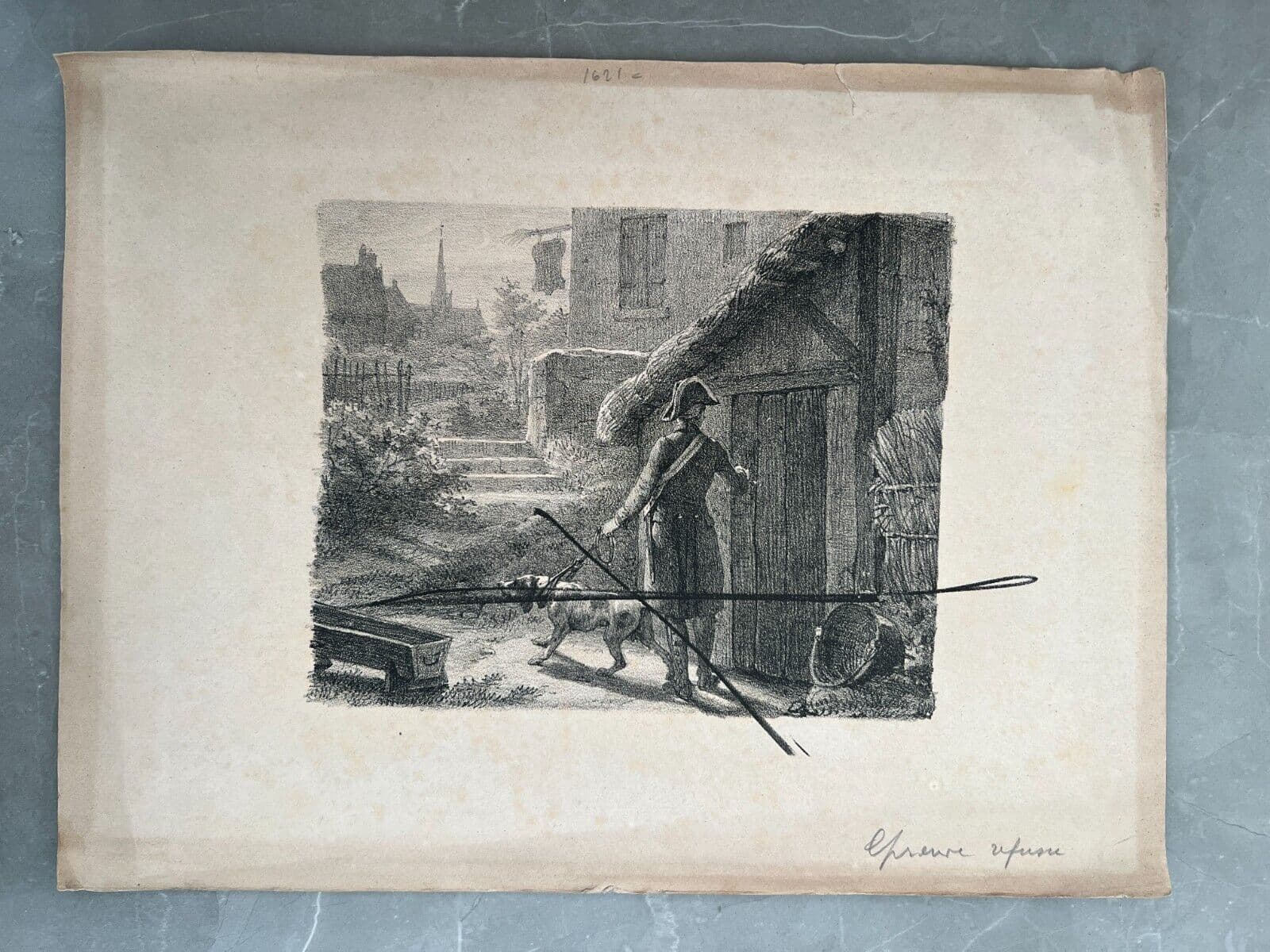 Antique Etching Original Man, Military, Dog, Landscape, House, Epreuve Refused image 2