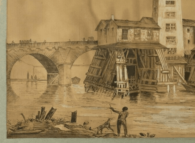Antique Ink Drawing Original 18th century Jan DE BEYER (1703-1785) Bridge People image 2