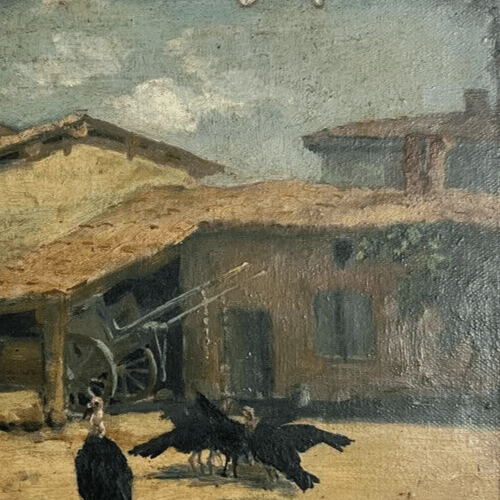 Antique Painting Original 19th Farm Farm House Birds Landscape image 5