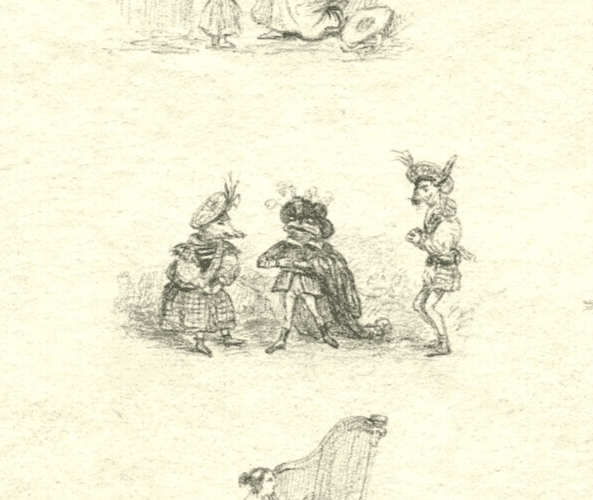 Antique Pencil Drawing Original 19th century Musketeer, Harp, Caricatures