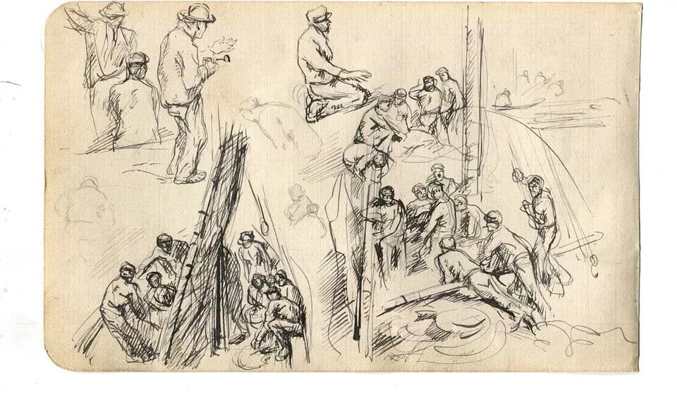 Vintage Drawing Original Maritime Sailors Figures, Boat, Sketches, Seascape image 2