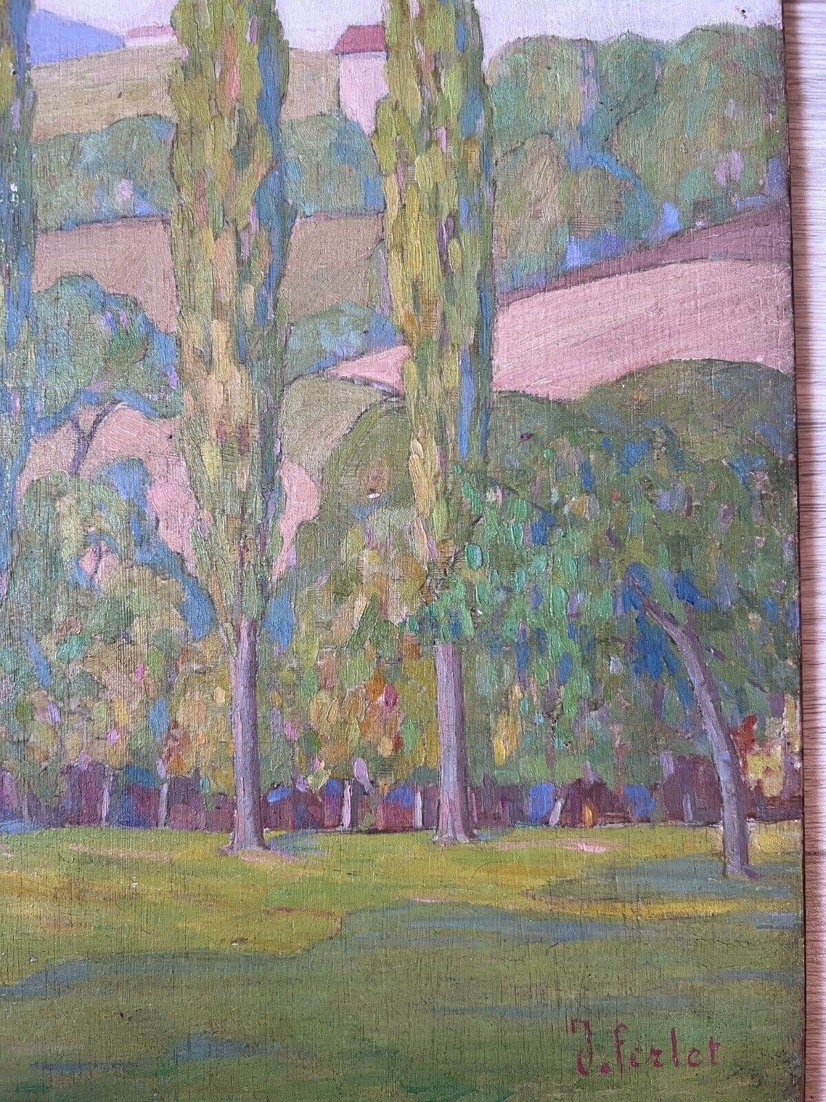 Antique Oil Original Painting City views Landscape, Houses and People image 4