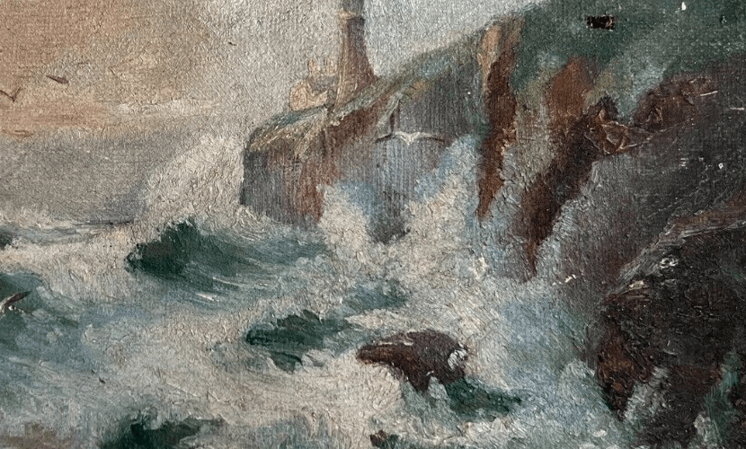 Antique Original Painting Landscape, Seaview, Lighthouse, Waves, Seagull signed image 4