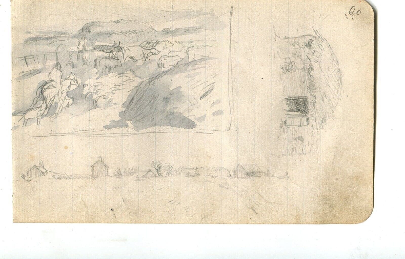 Vintage Pencil Ink Drawing Original Hay, House, Landscape, Cow, Horse Figure image 6