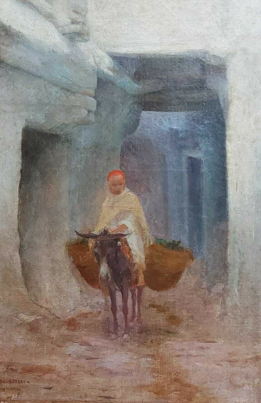 Antique Painting Original Oil Orientalist Signed Charles GODEBY Man, Donkey