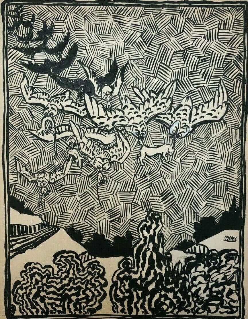 Vintage Ink Drawing Illustration of Owls Hunting Rabbits image 1