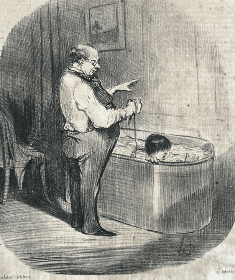 Antique Print 19th century Daumier, Les Papas, Lecon de Natation image 1