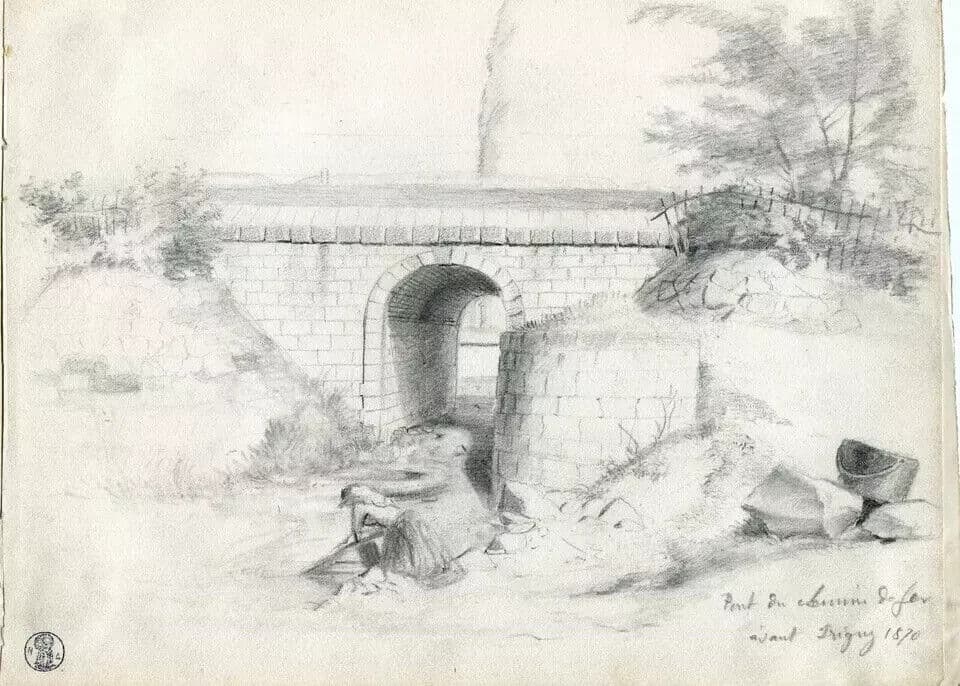 Antique Drawing Pencil Original 19th century Old Masters, Bridge - Dikeos 1870 image 5