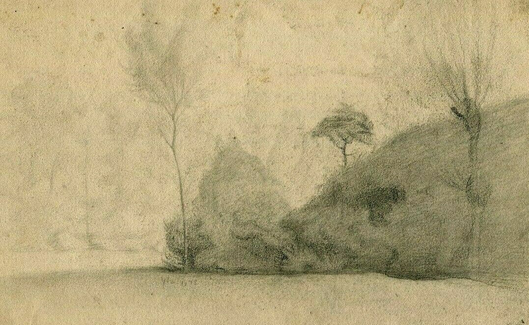 Antique Pencil Drawing Landscape, Forest and Field image 1