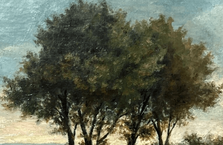 Antique Original Painting Landscape Trees, River, Forest, Fisherman signed image 4
