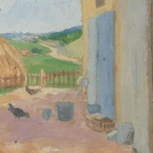 Antique Oil Original Painting Landscape Farm, Chicken Coop, Hay image 3