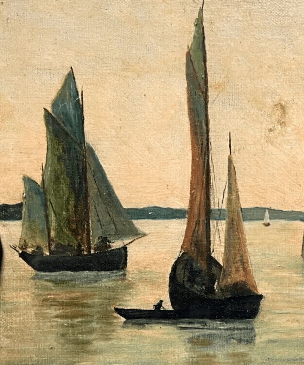 Antique Oil Painting Original Landscape, Seaview, Boats signed 19th century image 2