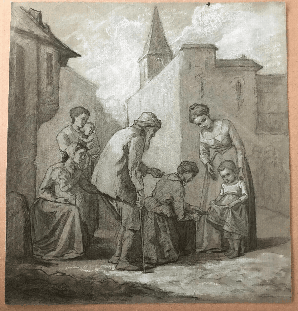 Antique Original Pencil Drawing 19th century Ink Figures, Children, Baby Artwork image 4