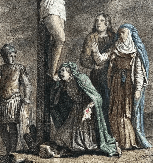 Antique Old Drawing 19th century Original Religious Christ on Cross and People image 4