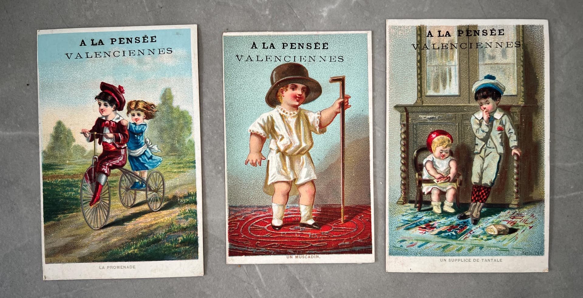 Set of 3 Antique Trade Cards - A La Pensée Valenciennes, Children Illustrations