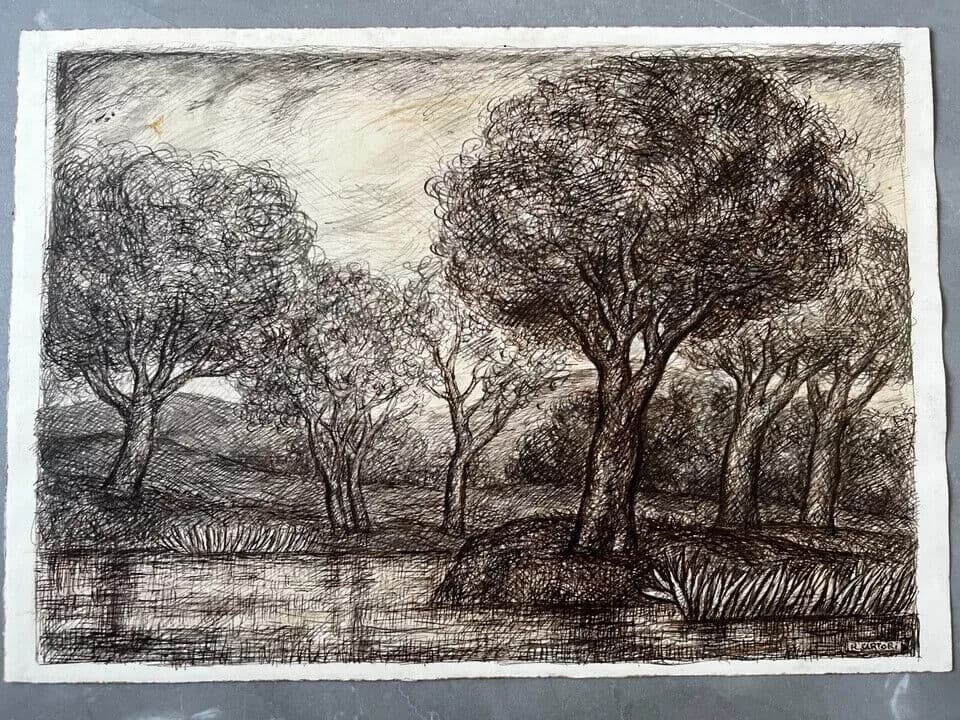 Original Antique Ink Drawing Landscape with Trees Artwork image 5