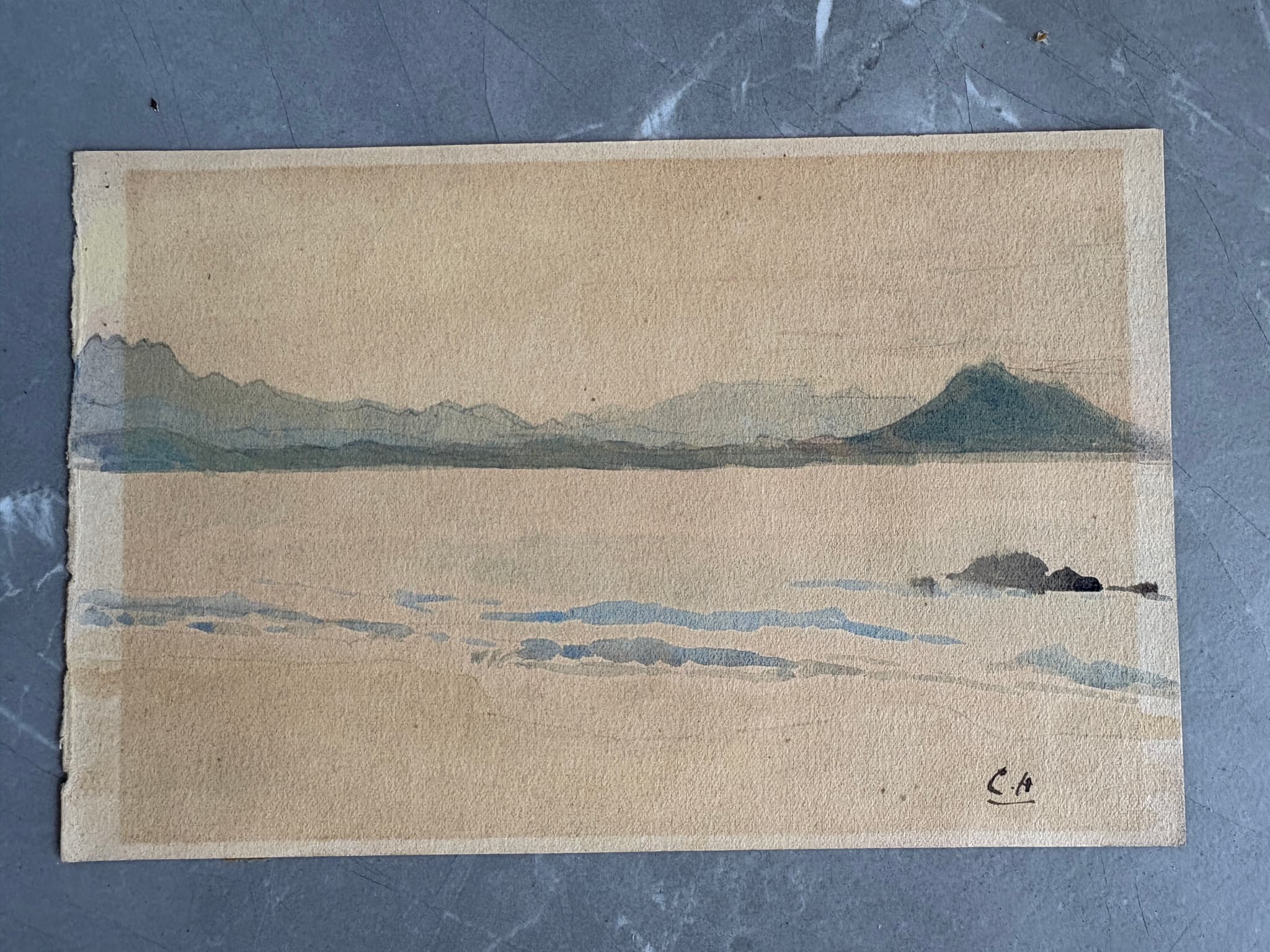 Antique Watercolor Old Painting Landscape, Plage des Basques 1920 image 1