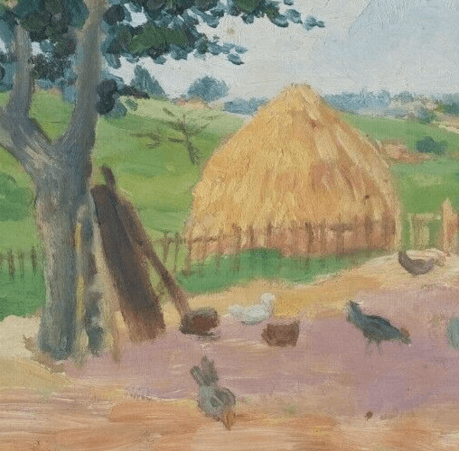 Antique Oil Original Painting Landscape Farm, Chicken Coop, Hay image 2